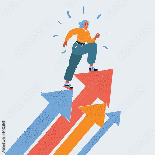Vector illustration of growth, career, woman rise up her success