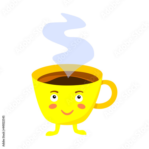 Smiling cartoon cup with coffee  tea. Yellow cup  character  good morning concept