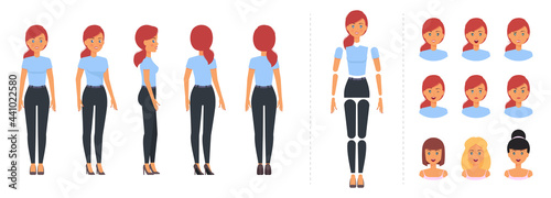 Cartoon character creation set. Young woman in casual look for animation with emotions and expressions template