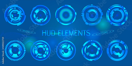Blue abstract futuristic HUD object. Sci Fi user interface digital eye element consist of glow circles. Vector science and technology illustration