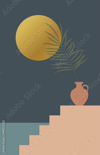 Contemporary aesthetic background with arch, night landscape, herbs in vase, golden moon. Tropical floral design. Bohemian Minimal vector illustration set, poster, wall art, print, cover.
