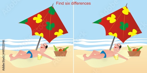 Leisure activity, game for children and adult, find six differences, man on beach