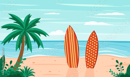 Funny summer beach background with surfboards