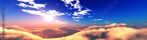 Clouds top view, clouds from a height of flight, panorama of clouds, sunset above the clouds, 3D rendering