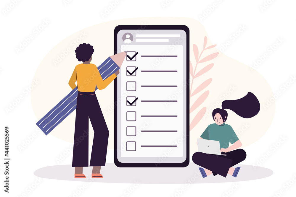 African American user with pencil notes completed tasks in app. Female characters marks check marks in checklist. To-do list on smartphone screen - obrazy, fototapety, plakaty 