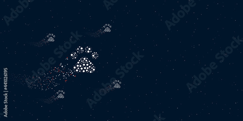 A pet symbol filled with dots flies through the stars leaving a trail behind. Four small symbols around. Empty space for text on the right. Vector illustration on dark blue background with stars