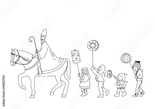 A group of children makes a torchlight procession to the Saint Martin's feast. A horseman with a big coat rides ahead. Vector of the outer lines.