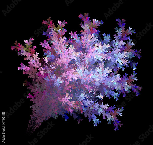Abstract coniferous branches in purple and blue tones are backlit and look beautiful against a black background. Abstract fractal background. Graphic design element. 3d rendering. 3d illustration