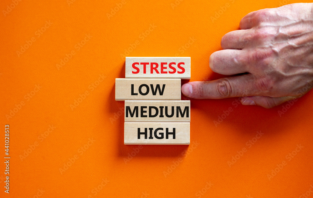 Low or high stress level symbol. Businessman chooses the wooden block with words low stress