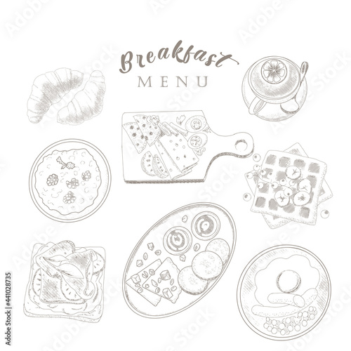 A collection of breakfast dishes.