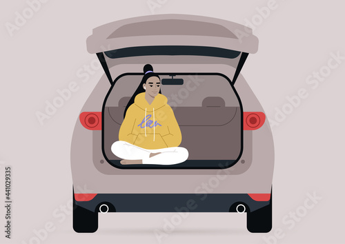 A young female Asian character sitting in a car trunk with their legs crossed, millennial lifestyle