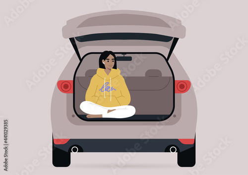 A young female character sitting in a car trunk with their legs crossed, millennial lifestyle