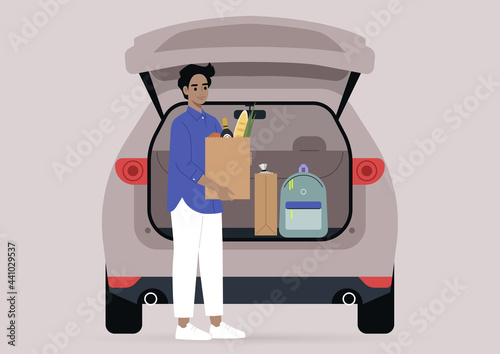 A young male character taking grocery bags from their car trunk, a daily routine scene