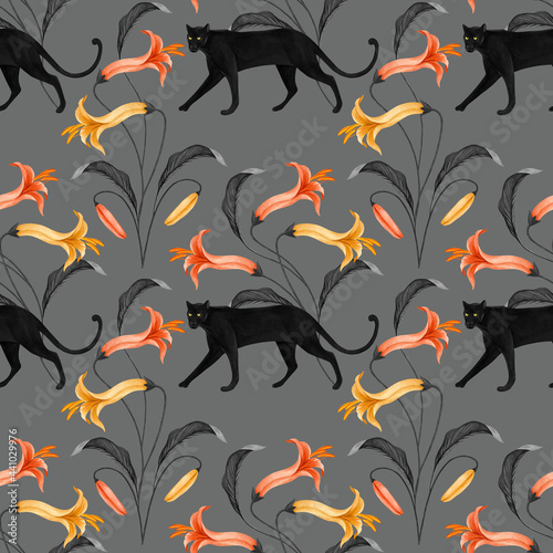 Seamless floral pattern with the black panther. Watercolor