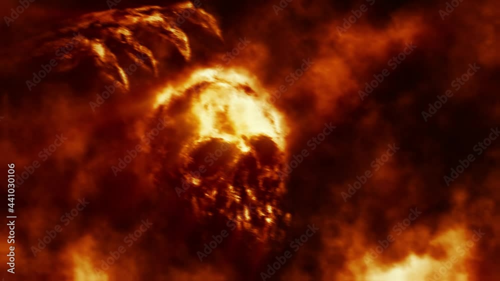 Evil demon lifts two human skulls from ground. Scary 2d animation. Dark visions hell. Gloomy character concept art. Apocalyptic doomsday theme. Animated video clip. Orange background for Halloween.  