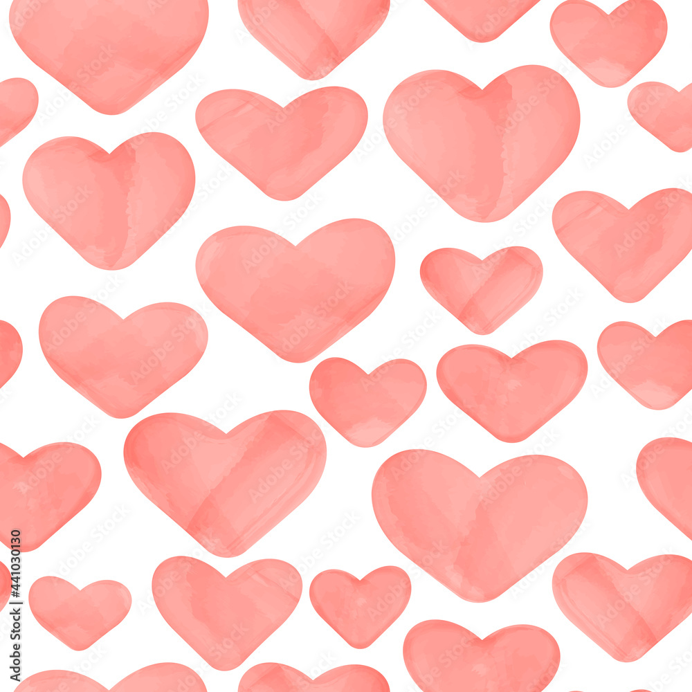 Vector seamless pattern with watercolor pink hearts on white background. Illustration with hand drawn effect.