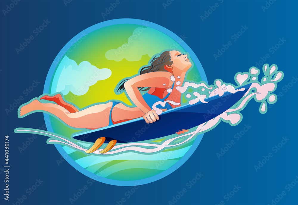 Surfing girl on the surf board catching waves in the sea.A girl with a surfboard dives under a wave. Vector stylish icon in a flat style on the theme of surfing Surfing girl on the surf board catching waves in the sea.A girl with a surfboard dives under a wave. Vector stylish icon in a flat style on the theme of surfing