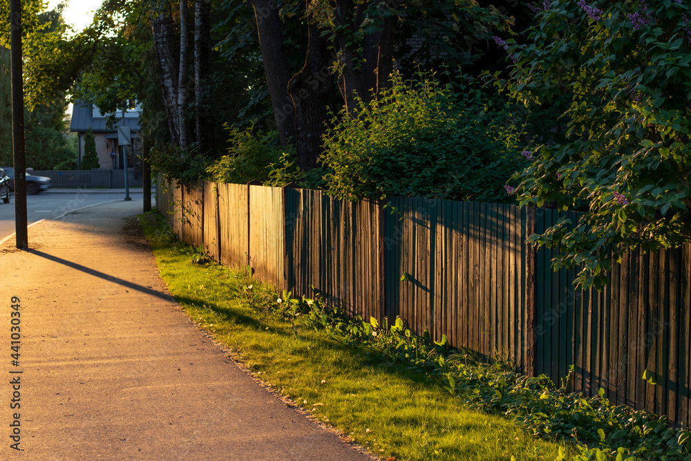 A suburb or village street with an old wooden board garden fence during sunset from an angle with trees and copy space A suburb or village street with an old wooden board garden fence during sunset from an angle with trees and copy space