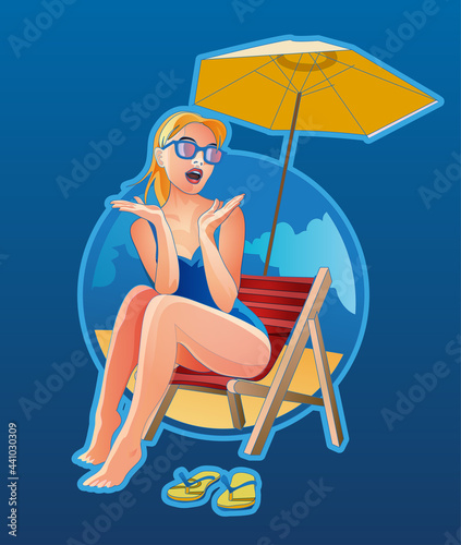 Woman lying on beach chair at beach. Female blonde in sunglasses emotionally surprised and posing having rest near sea. Relaxed girl at tropical resort on blue background