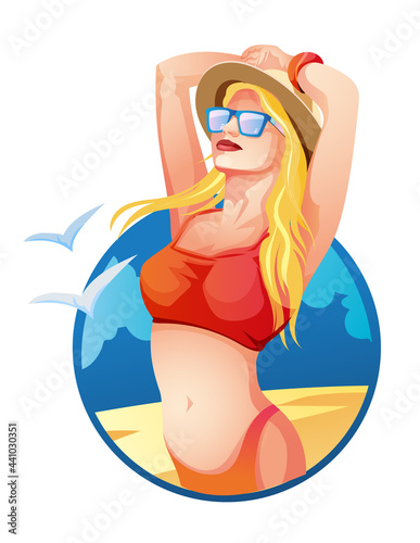 vector trendy illustration on the theme of summer holidays. tanned young smiling blonde girl in yellow swimsuit,sunglasses and hat with hands behind her head on the beach isolated on white background