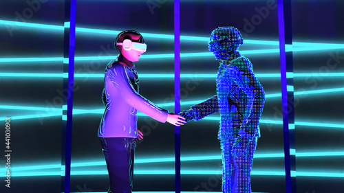 Close up Man wear virtual glasses is shaking hand with hologram graphic in cyberspace area  , futuristic communication scifi concept. 3D rendering picture.