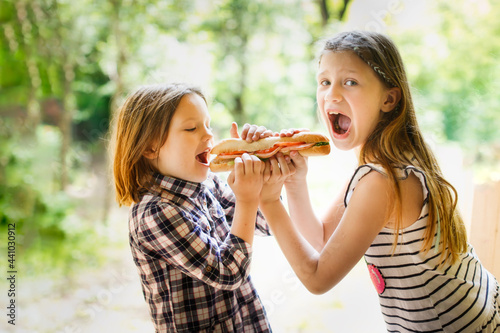Take a bite. Funny cute Caucasian children are eating together a big sandwich. Concept food on the go  snack  food and siblings. Children share food with each other  sister treats to sandwich