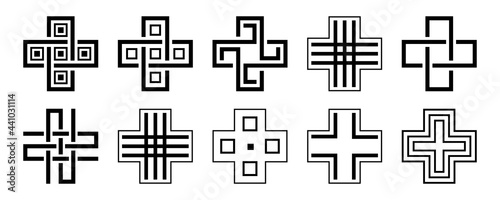 Set of 10 abstract cross shapes geometric icons, signs in flat style. Isolated on white background. Vector monochrome illustration.