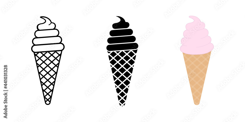 Set of ice cream in waffle cone in flat design. Vector illustration for web design or print isolated on white background