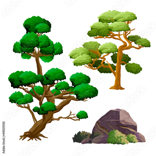 Ancient japan culture objects set with garden decorative trees, stone, bush and ikebana isolated vector illustration. Japan vector set collection photo