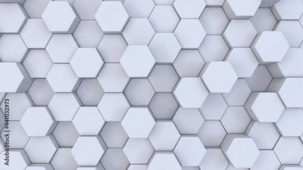 Abstract modern white hexagon geometric background. 3d animation of light, minimal, clean, moving hexagonal grid wall. Seamless looping 4k