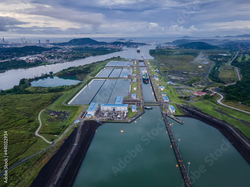 Beautiful aerial view of the Panama Canal and the Miraflores Locks photo