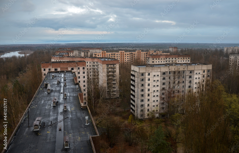 Panoramic view of abandoned residential buildings inside the Chernobyl Exclusion Zone, Pripyat, Ukraine