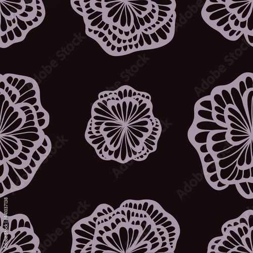 Floral print, seamless pattern of stylized gray flowers on a black background.