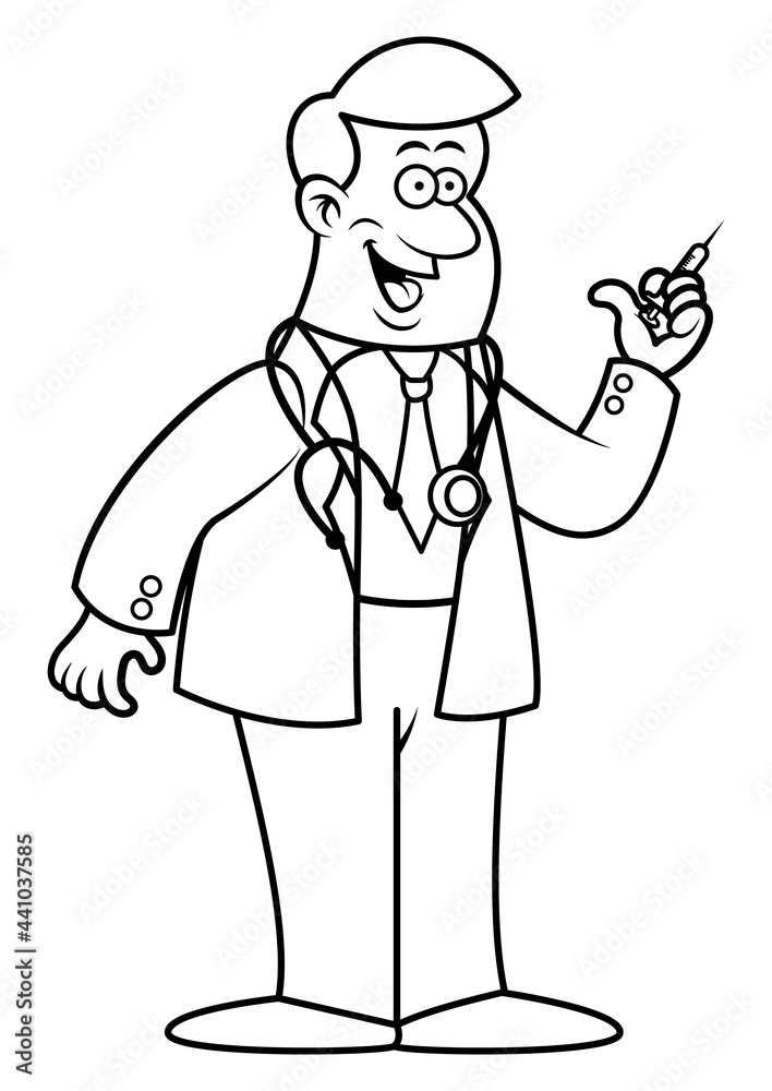 Black and white cartoon illustration of A Doctor wearing coat and ties with stethoscope on his neck, and holding a syringe, suitable for coloring book of children