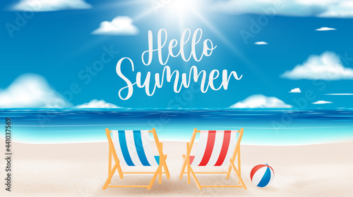 Deck chair on the beach with ocean background for summer