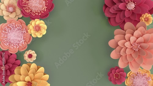 Animated floral background. Frame of blooming pink and beige flowers, copy space in the center of composition. Card for birthday, mother's day, women's day. Vintage palette, faded colors, 3d render