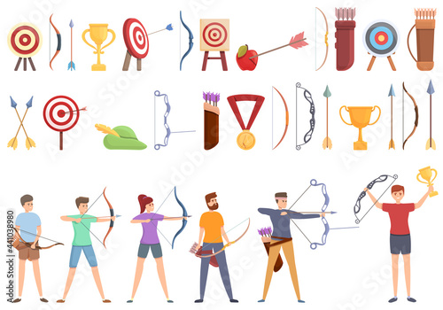 Archery competition icons set. Cartoon set of archery competition vector icons for web design