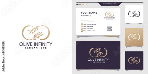 Simple and elegant olive with infinity logo in line art style and business card design Premium Vector