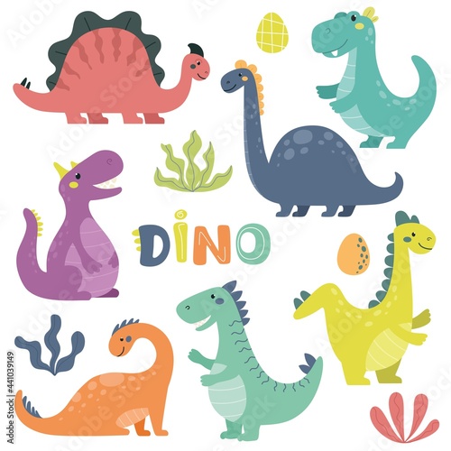 Collection of cute dinosaurs in the Scandinavian style. Cute animals, children's illustration, print for children's clothing and goods. Vector isolates.