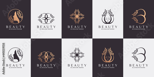 Set of abstract beauty logo design with olive tree in line art style