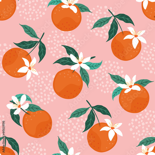 Abstract seamless pattern with orange fruits, flowers and leaves. Vector illustration.