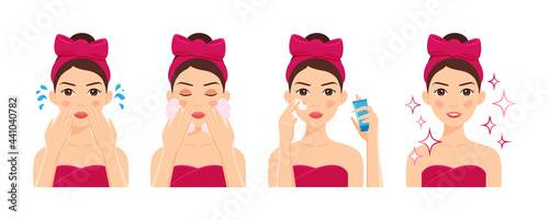 Beautiful woman with Bow, Head Band, Apply Soap Foam on Face. Girl in Towel Use Cream, Washes her face. Healthy and Clean Skin. Beauty Treatment. Flat cartoon color style. White background. Vector.