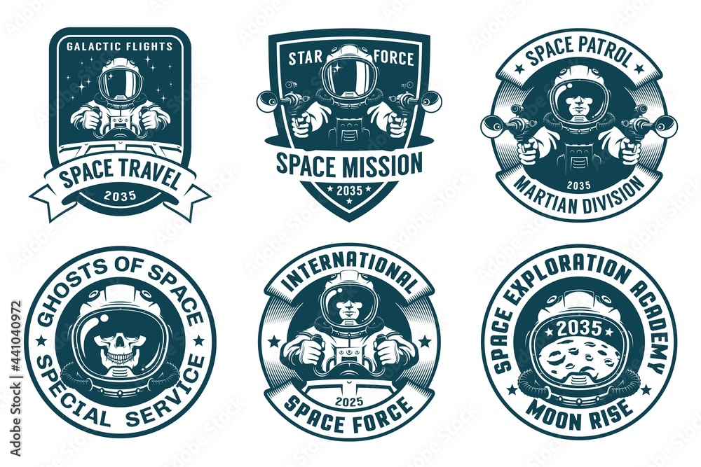 Astronaut badge set in vintage style. Space logo retro template. Vector illustration.