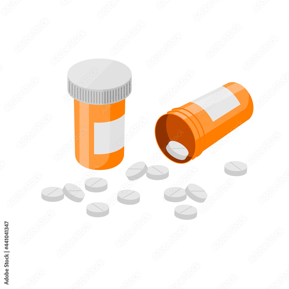 Vettoriale Stock Pill bottles and pills. Open plastic pills tube with cap.  Meds pills lying down. Drug medication, supplements and medicament.  Realistic flat style vector medicine object illustration. | Adobe Stock