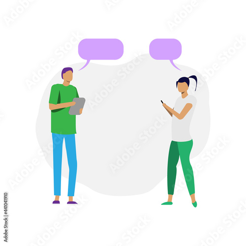 People chatting. Man and woman hold devices and send messages. Communication concept.