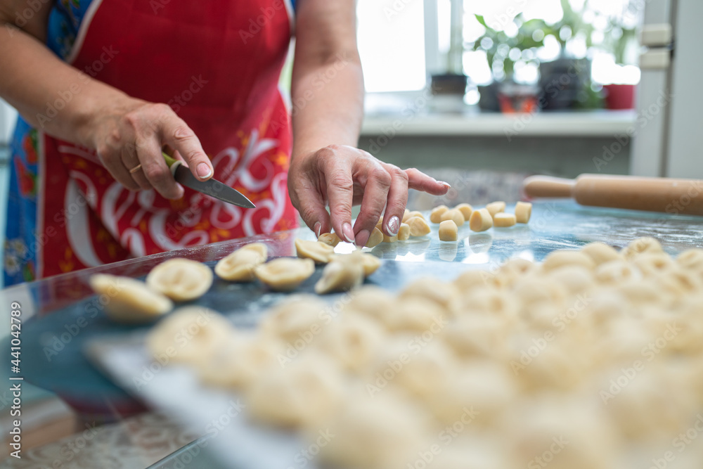 a woman makes homemade dumplings in the kitchen at the table a woman makes homemade dumplings in the kitchen at the table