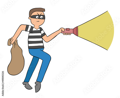 Cartoon thief walks with sack and flashlight, vector illustration