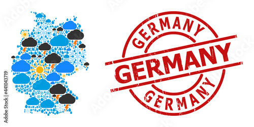 Climate collage map of Germany, and textured red round badge. Geographic vector collage map of Germany is designed with scattered rain, cloud, sun, thunderstorm symbols.