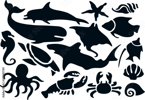Vector clipart. Sea pattern. Underwater set. Seashells, fish, dolphin, octopus, starfish, scallop, whale, crab. Print design template for souvenir, clothes and textiles. Transparent background.