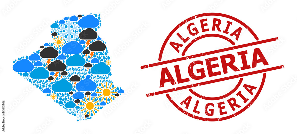 Weather collage map of Algeria, and scratched red round stamp seal. Geographic vector collage map of Algeria is organized with random rain, cloud, sun, thunderstorm. Weather collage map of Algeria, and scratched red round stamp seal. Geographic vector collage map of Algeria is organized with random rain, cloud, sun, thunderstorm.